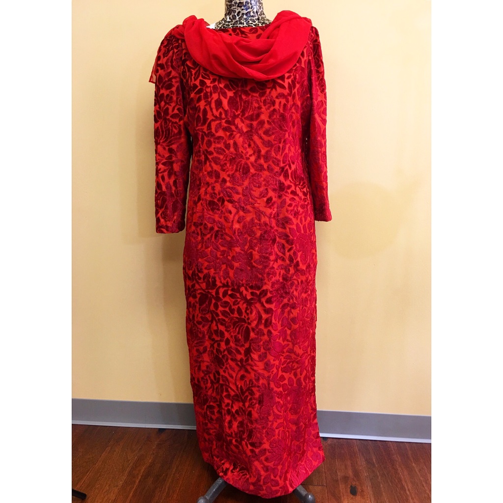 Vintage 70s Red Rose Burnout Velvet Dress W/ Scarf